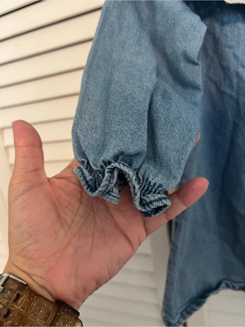 Zara Light Blue Denim Dress Jacket with Eyelet Lace Collar